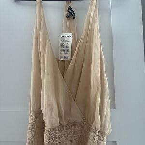 Bebe Light Tan V-neck 100% silk top with gathered bottom